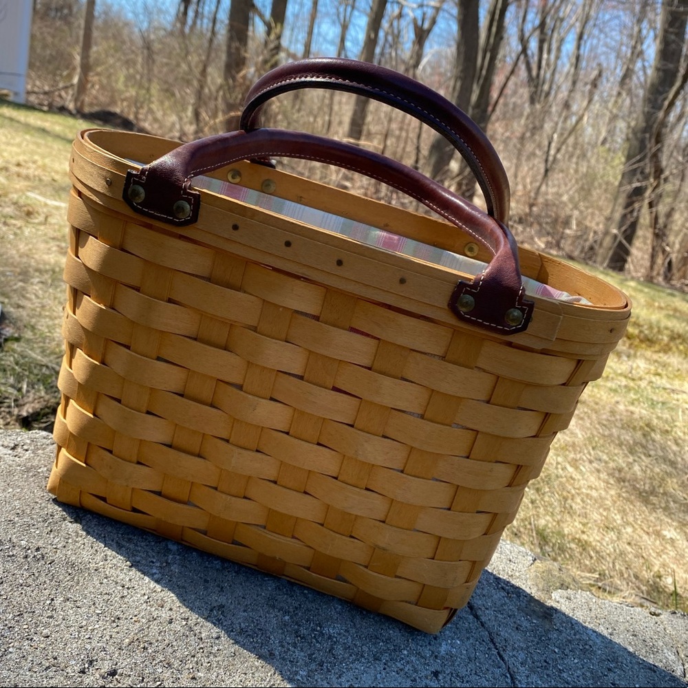 Longaberger Woven Basket Tote with Brown Leather Handles